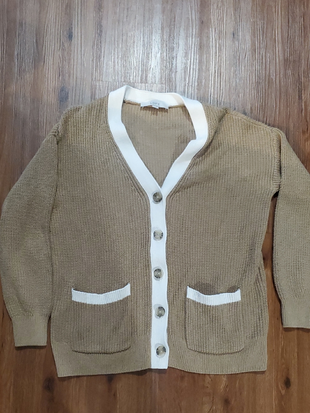 LAST CHANCE LOFT Tan Knit Button-Front Cardigan with White Trim